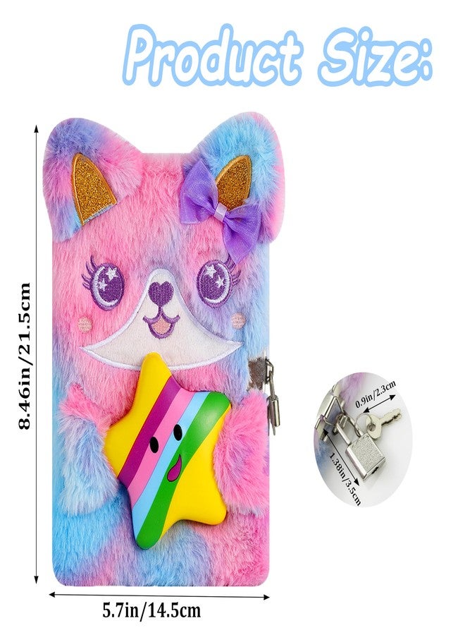 YankMooM Fox Diary with Lock for Girls, Blue Secret Kids Journal with Relief Pressing Toy Hardcover Fluffy Tie-Dye Notebook for Writing and Drawing - Image 2